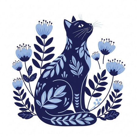 Vector illustration of a black cat sitting on a blue floral background.の素材