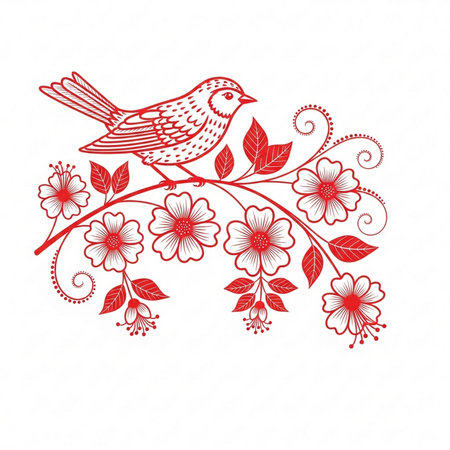 Red bird on a branch with flowers. Illustration in folk style.の素材