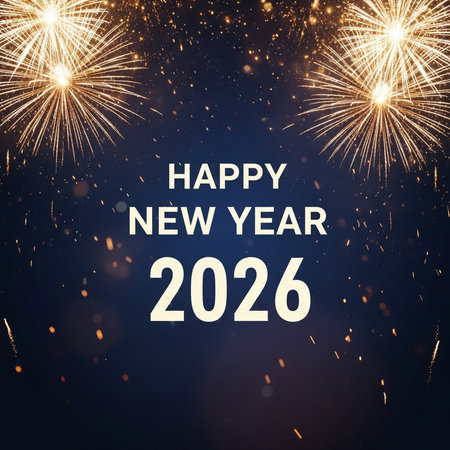 Happy New Year 2020 greeting card with fireworks background. Vector illustration.の素材