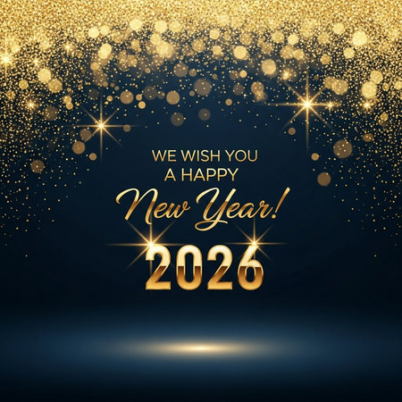 Merry Christmas and Happy New Year 2020 greeting card with gold glittering lights. Vector illustration.の素材