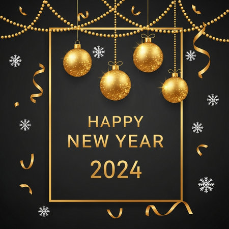 Happy New Year 2021 greeting card with golden Christmas balls on black background. Vector illustration.の素材