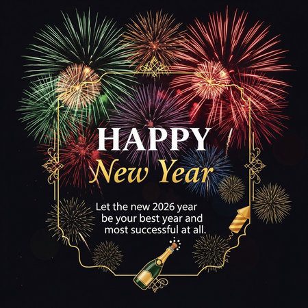 Happy New Year background with fireworks and champagne bottle. Vector illustration.の素材