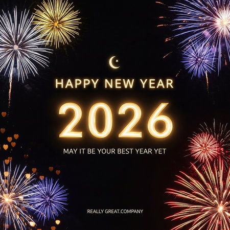 Happy New Year and Merry Christmas 2020 greeting card with fireworks background.の素材
