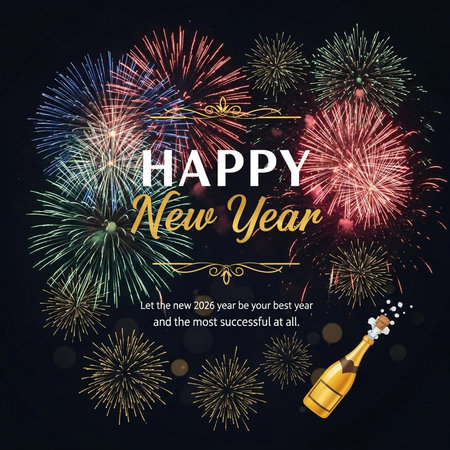 Happy New Year greeting card with fireworks and champagne bottle. Vector illustrationの素材