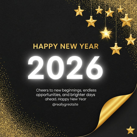 Happy New Year and Merry Christmas greeting card with gold stars. Vector illustrationの素材