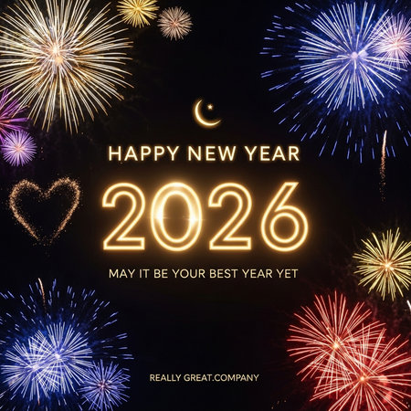 Happy New Year 2016 greeting card with fireworks and crescent moon.の素材