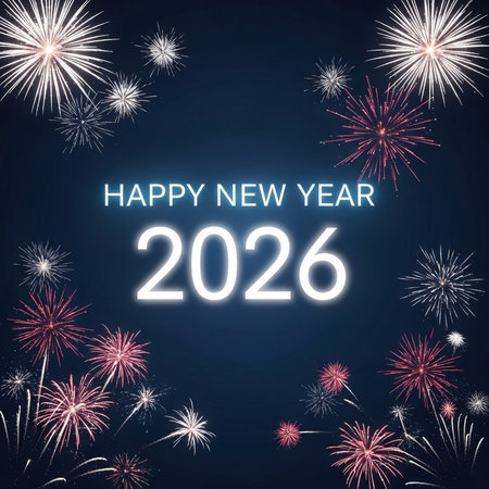 Happy New Year 2016 with fireworks on dark blue background. Vector illustrationの素材