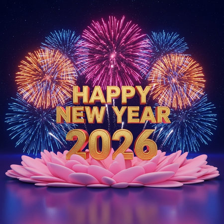 Happy new year 2016 with pink lotus flower and fireworks background.の素材