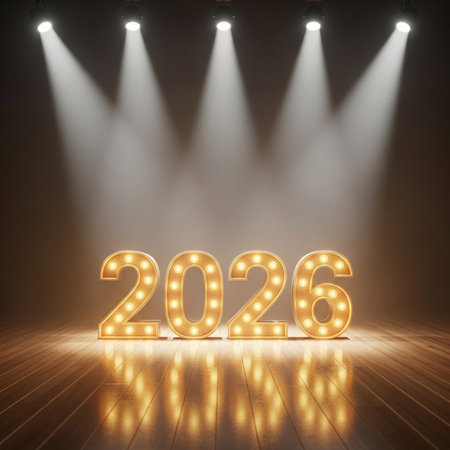 number 2016 illuminated with spotlights on wooden floor, 3d renderの素材