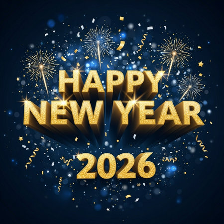 Happy New Year 2020 greeting card with fireworks and confetti. Vector illustration.の素材