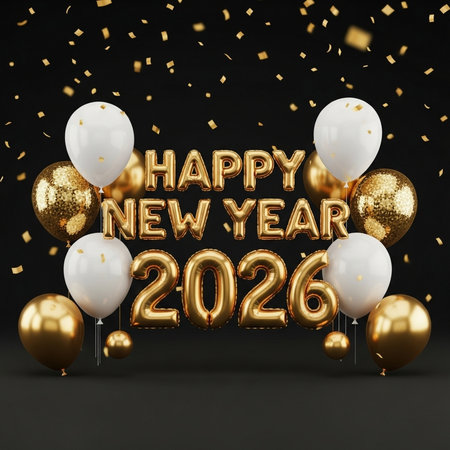 Happy New Year 2020 celebration greeting card with golden balloons and confetti. 3D Renderingの素材
