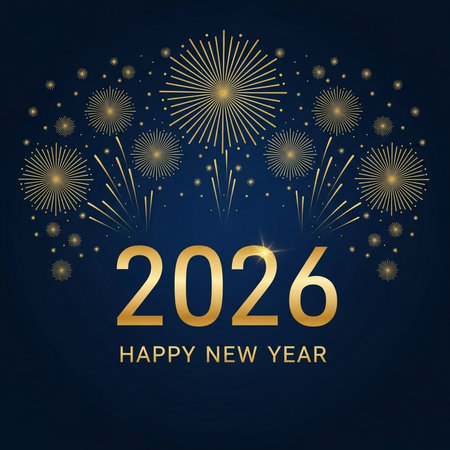 Happy New Year Greeting Card with Fireworks. Vector Illustrationの素材