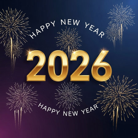 Happy New Year greeting card with fireworks on dark blue background. Vector illustrationの素材