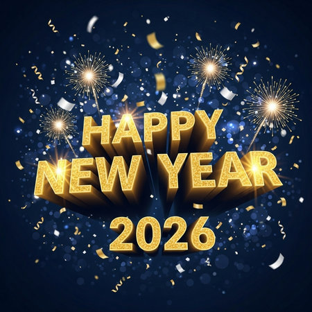 Happy New Year 2020 celebration background with fireworks and confetti. Vector illustration.の素材