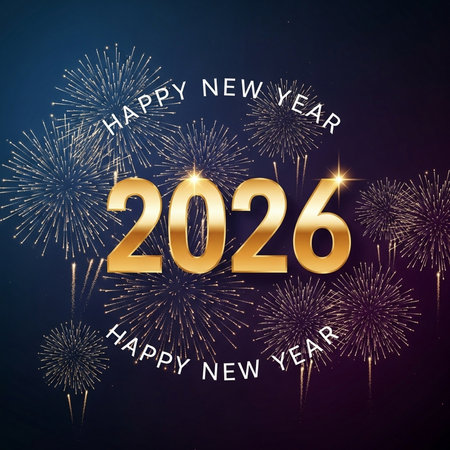 Happy New Year Greeting Card with Fireworks. Vector Illustrationの素材