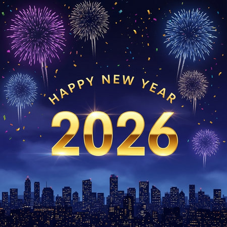 Happy New Year 2016 greeting card with fireworks and cityscape. Vector illustration.の素材