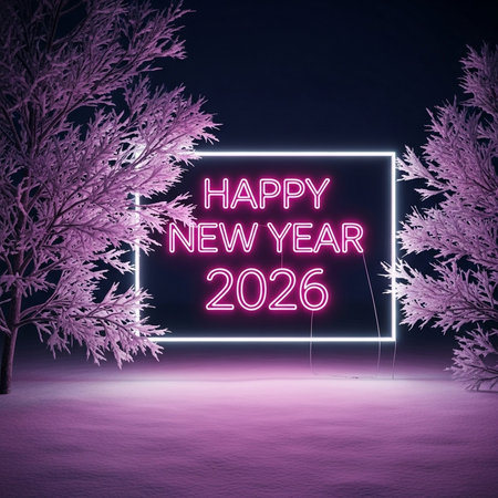 Happy New Year 2020 neon sign in winter forest. 3D Renderingの素材
