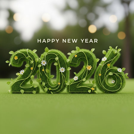 Happy New Year 2016 greeting card with green grass and flowers on lawnの素材