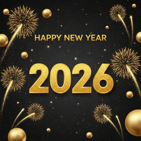 Happy New Year and Merry Christmas background with fireworks and golden numbers. Vector illustration.の素材