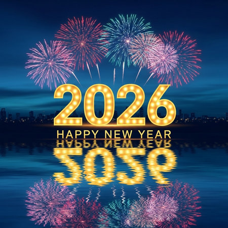 Happy new year 2016 with fireworks and reflection in water, vector illustrationの素材