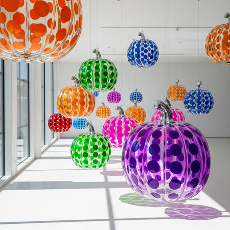 Colorful decorative balls hanging on the ceiling of a modern building.の素材