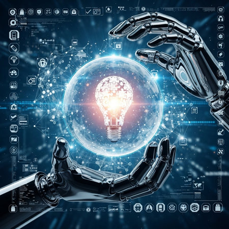 Robot hand holding glowing light bulb on dark background. 3D renderingの素材