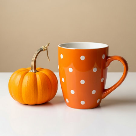 Orange polka dot cup with pumpkin on white table and brown backgroundの素材