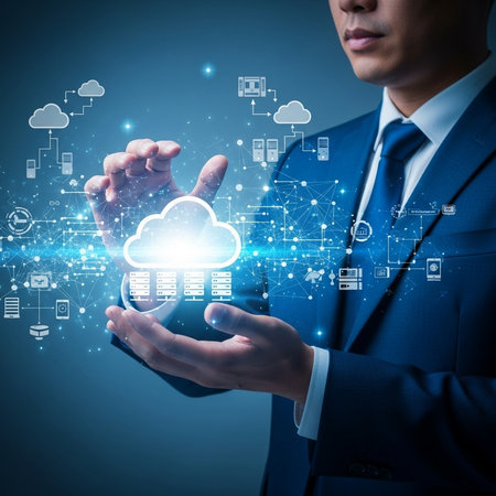 Businessman holding cloud computing icons in his hand. Cloud computing conceptの素材