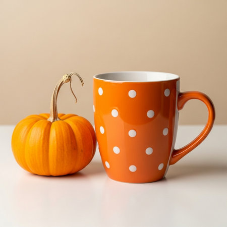 Orange polka dot cup and orange pumpkin on a white table.の素材