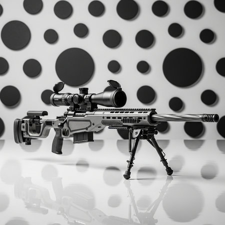 Rifle with a scope on a background of polka dots.の素材