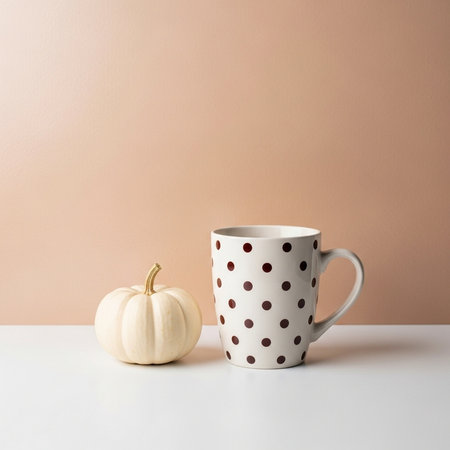 White polka dot coffee cup and pumpkin on white table with pastel background.の素材