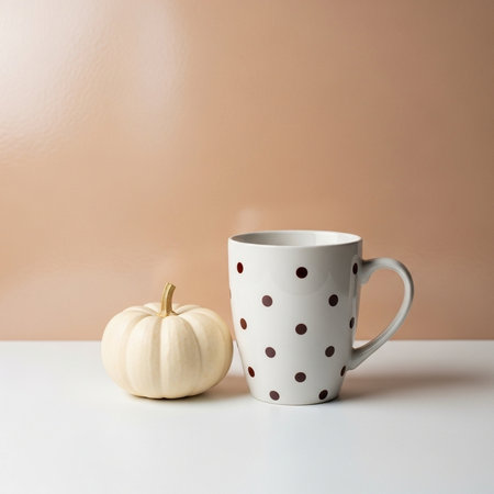 White polka dot coffee mug with white polka dot pattern and pumpkin on white table.の素材