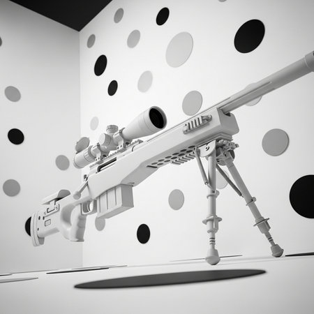 3D render of a machine gun on a white background with circlesの素材