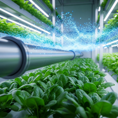 Organic hydroponic vegetable farm with sprouts 3d renderingの素材