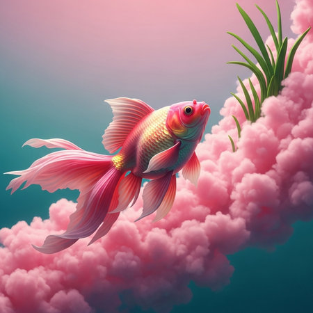 Goldfish in the sky. 3D illustration. Nature background.の素材