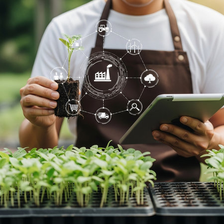Smart agriculture concept with farmer using digital tablet in the garden background.の素材
