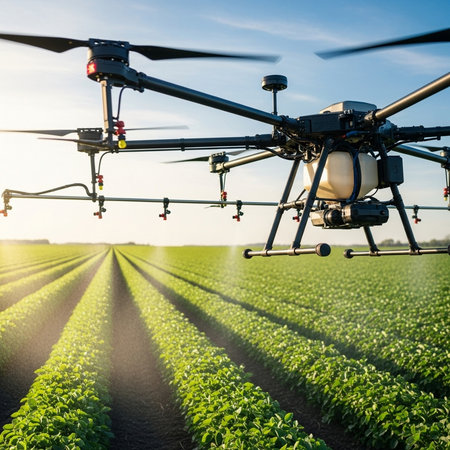 Drone spraying pesticides on soybean field. Spraying pesticides on plants.の素材