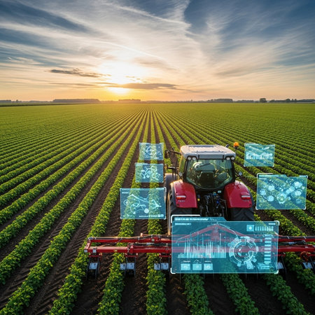 Tractor spraying pesticides on soy field with sprayer at sunset.の素材