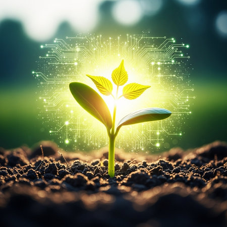 Green seedling in soil with circuit board on nature background. Eco conceptの素材