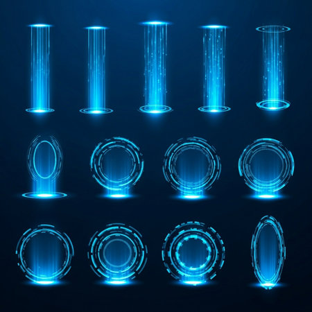 Set of blue neon abstract lights on dark background. Vector illustration.の素材