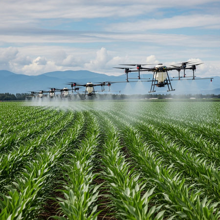 Agriculture drone spraying fertilizer on a corn field in the countrysideの素材