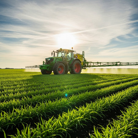 Tractor spraying pesticides on sugarcane field  with sprayerの素材
