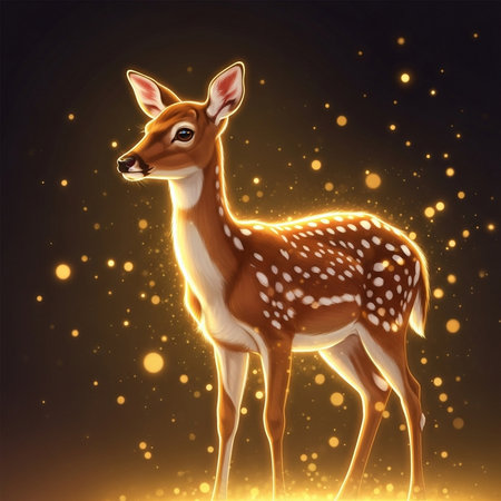 Illustration of a deer on a dark background with light spots.の素材