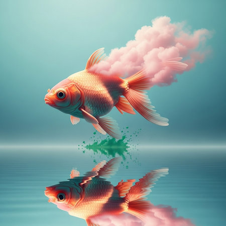 Goldfish with cloud and reflection on water. 3d illustration.の素材