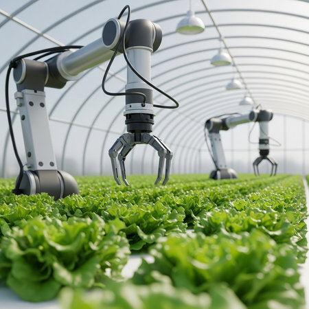 Industrial robot arm working in hydroponic vegetable garden. 3D renderingの素材
