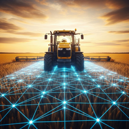 Conceptual image of modern technologies for agriculture. Tractor in wheat field.の素材