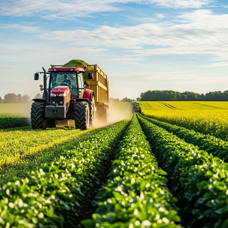 Tractor spraying pesticides on soybean field with sprayer at springの素材