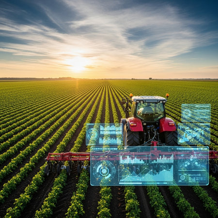 Tractor spraying pesticides on soybean field with sprayer at sunsetの素材