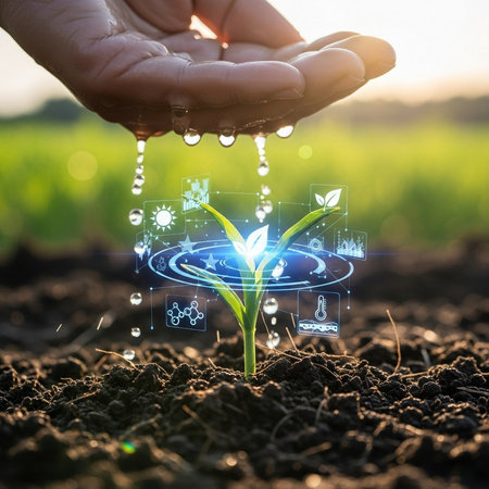 Hands holding green seedling with technology icons on nature background. Ecology concept.の素材