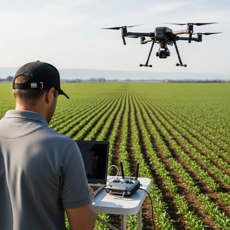 drone flying over a young farmer working on his drone in a fieldの素材